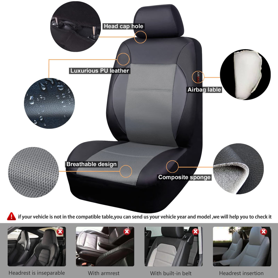 Luxurious Faux PU Leather Universal Seat Covers Set, Car Seat Cover Full Set Fit for Vehicles Sedan SUVs Trucks with Super 5mm Composite Sponge Inside, Airbag Compatible (Black and Gray)