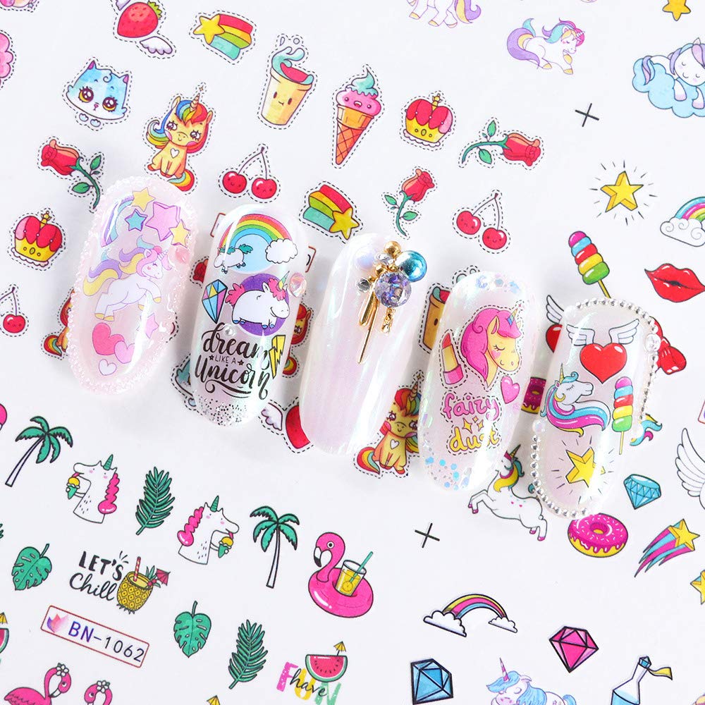 Unicorn Nail Art Stickers for Girls 12 Sheets Cute Nail Beauty Supplies Decals Unicorns Stars Moons Cherries Flamingos Rainbows Design for Nails DIY Decorations Manicure Tips Kids Birthday Gifts