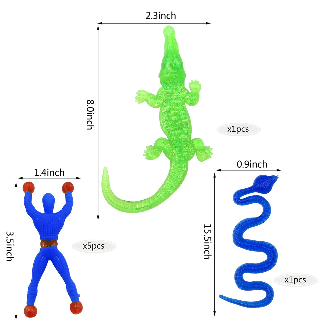27PCS Multi-color and Multi-style Stretchy Sticky Toys Including Sticky Hands Wall Climbers Men Hammers Lizards Snake Crocodile and Skeletons for Kids Party Favors