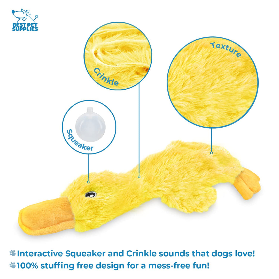 Crinkle Dog Toy for Small, Medium, and Large Breeds, Cute No Stuffing Duck with Soft Squeaker, Fun for Indoor Puppies and Senior Pups, Plush No Mess Chew and Play - Yellow