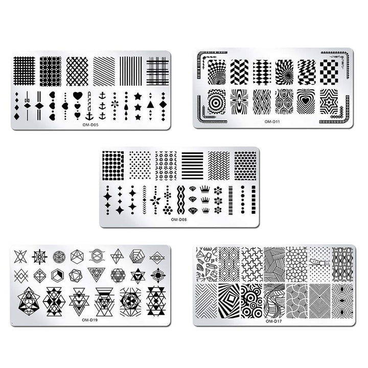 5Pcs Nail Plates Stamping Set With Classic Geometric Stars Nail Image Plate Stamping Nail Art Kit With Stamper And Scraper Kit For Women Girls