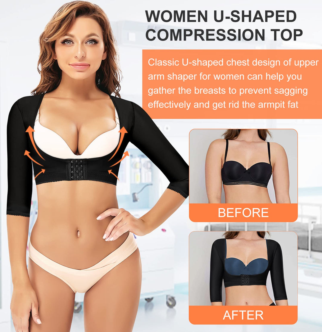 Women Upper Arm Shaper Compression Sleeves Post Surgical Slimmer Humpback Posture Corrector Tops Shapewear (Black, Large)