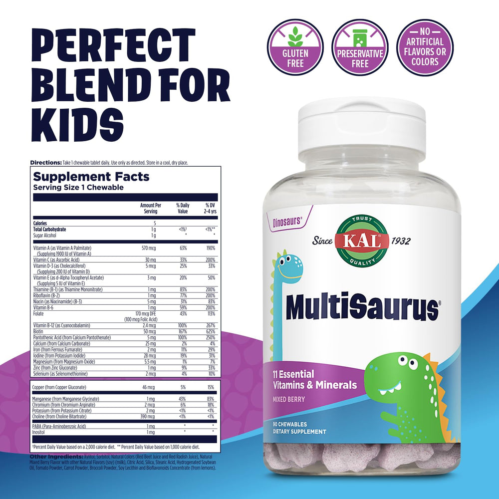 MultiSaurus Kids Chewable Multivitamins, 11 Essential Vitamins and Minerals for Kids, Mixed Berry Flavor, Gluten and Preservative Free, 90 Servings, 90 Dinosaur-Shaped Chewables