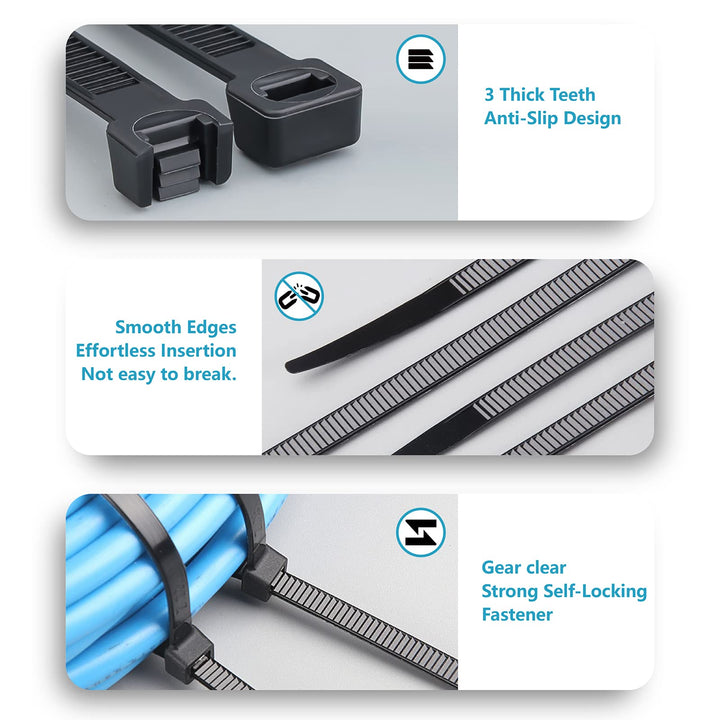 Zip Ties Assorted Sizes(4”+6”+8”+12”), 400 Pack, Black Cable Ties, UV Resistant Wire Ties