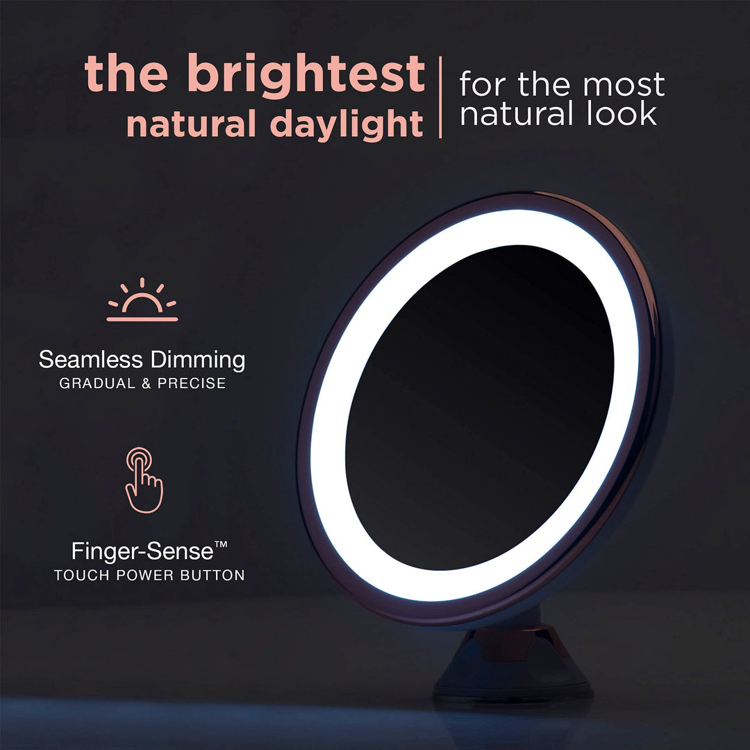 10X Magnifying Makeup Mirror with True Natural Light and Locking Suction - 8 inch Large Lighted Travel Vanity Mirror, Dimmable Daylight LEDs, Battery and USB Operated - Luna (Rose Gold)