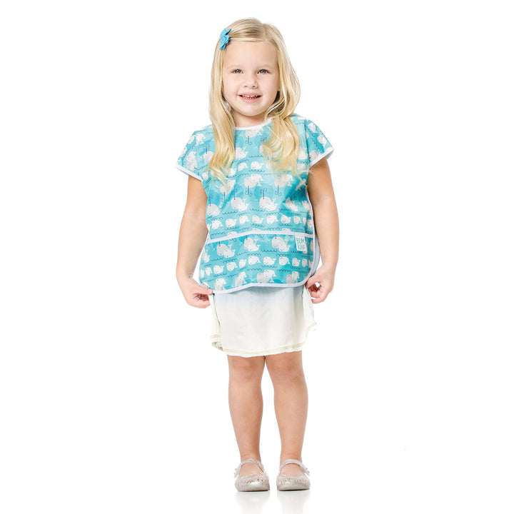 Bibs, Baby and Toddler, Big Kids Girl and Boy, Large for Children 1-3 Years, Short Sleeve, Mess Saving, Smock for Eating and Playtime, Lightweight Waterproof Soft Fabric, Whales Away