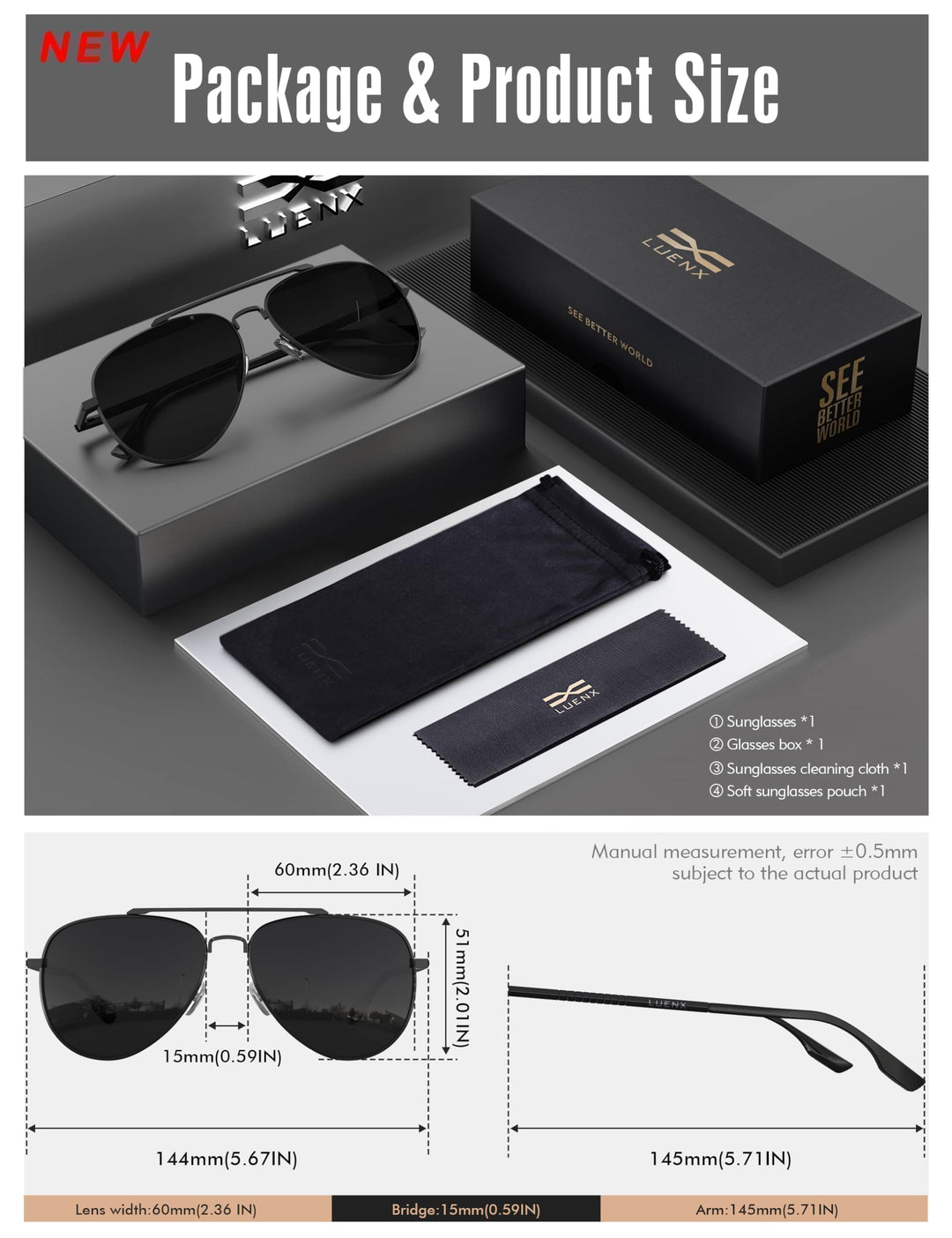 Aviator Sunglasses for Men Womens Polarized Driving Shades Black Lens Black Metal Frame Classic Style 60mm