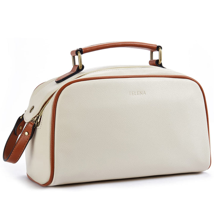 Travel Toiletry Bag Makeup Cosmetic Bags for Women Waterproof PU Leather Toiletry Organizer Portable Large Capacity Beige with Brown