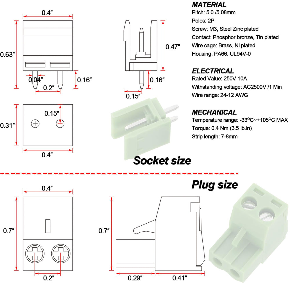 10 Sets 2-Pin 5.08mm Pitch Mount Screw Terminal Block, Straight Plug-in 2-Pin (2 Pole) Screw Terminal Block Connector, Pluggable Male Female Connectors- Green