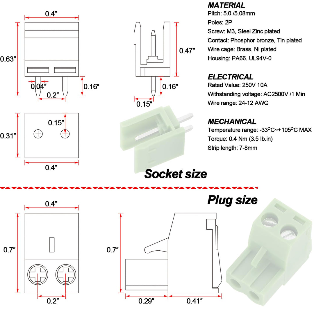 10 Sets 2-Pin 5.08mm Pitch Mount Screw Terminal Block, Straight Plug-in 2-Pin (2 Pole) Screw Terminal Block Connector, Pluggable Male Female Connectors- Green