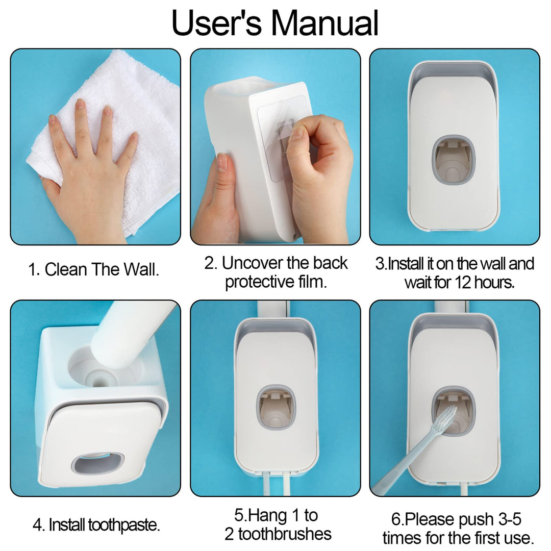 2 Slot Toothpaste Dispenser 2 in 1 Automatic Toothpaste Dispenser Wall Mounted Multi Functional Toothbrush Holder Non-Punching Toothpaste Squeezer Kit for Bathroom Shower