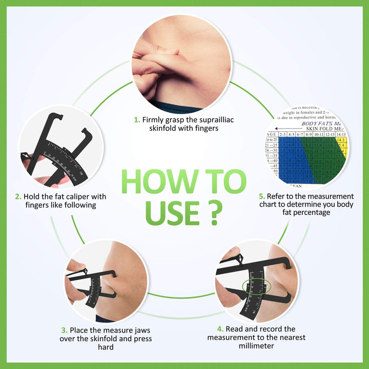 Body Fat Caliper, Fat Measure Clipper Combo with Body Fat Percentage Measure Chart, Accurately Measuring Body Fat for Men and Women