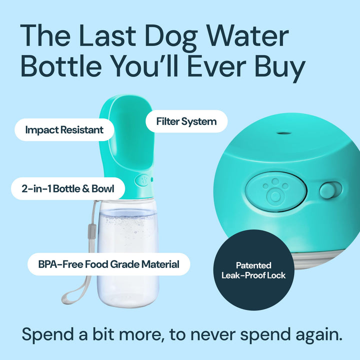 Lightweight Dog Travel Bottle - 19 oz, Blue Portable Dog Water Dispenser with Bowl - Food Grade Plastic - Pet Water Bottle