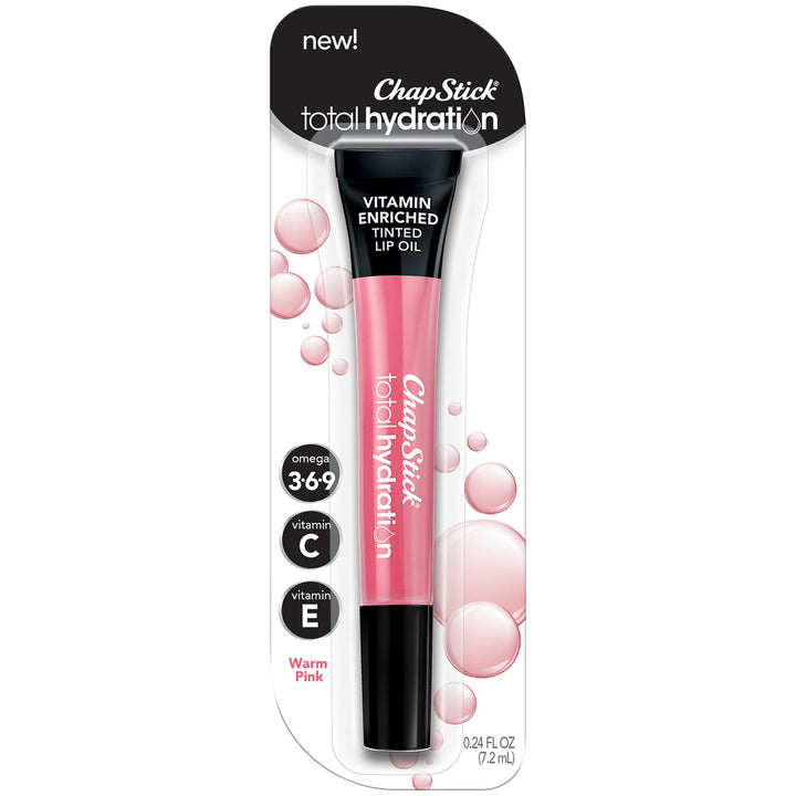 Warm Pink: Total Hydration Vitamin Enriched Tinted Lip Oil (Warm Pink, 1 Tube), Vitamin C, Vitamin E, Contains Omega 3 6 9, 0.24 Ounce