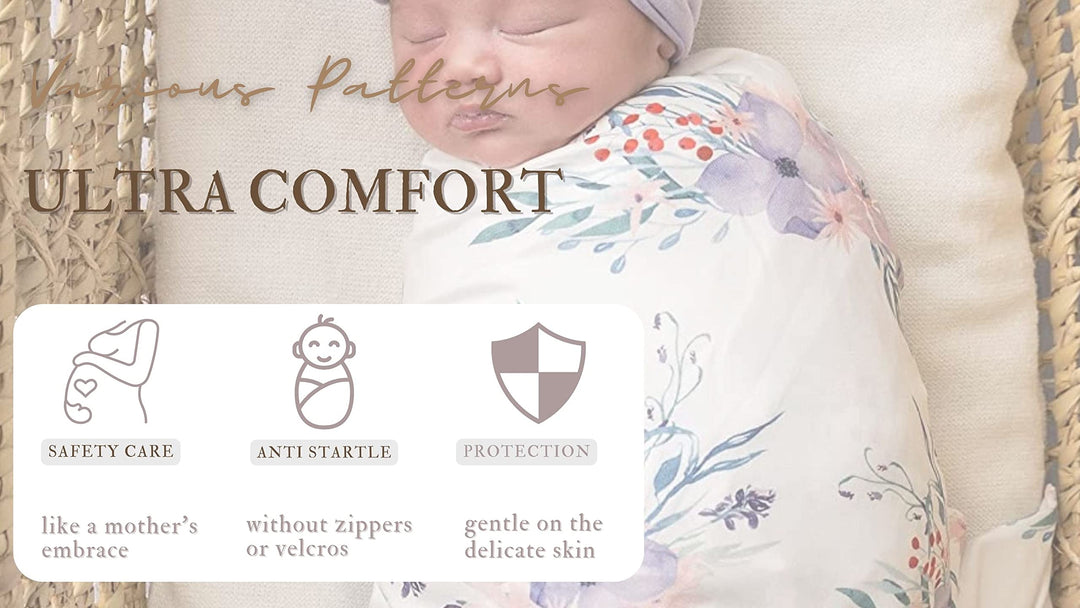 Newborn Receiving Blanket and Headband Beanie Set Flower Print Baby Swaddle Wrap Floral (Purple)