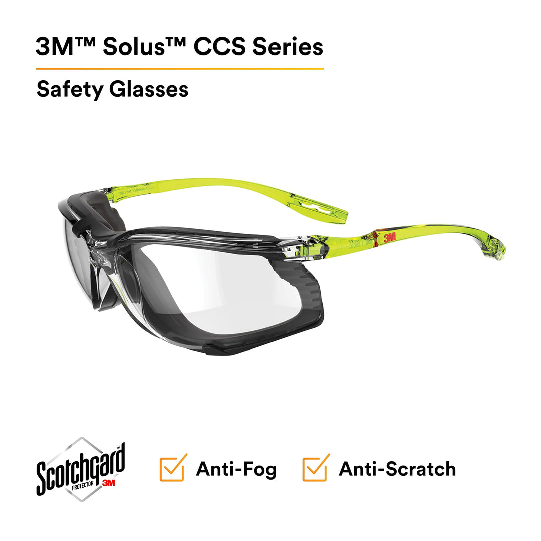 Safety Glasses, Solus CCS Series, Pack of 1, ANSI Z87, Scotchgard Anti-Fog Coating, Clear Lens, Corded Ear Plug Control System, Removable Foam Gasket, SCCS01SGAF-GRN-F