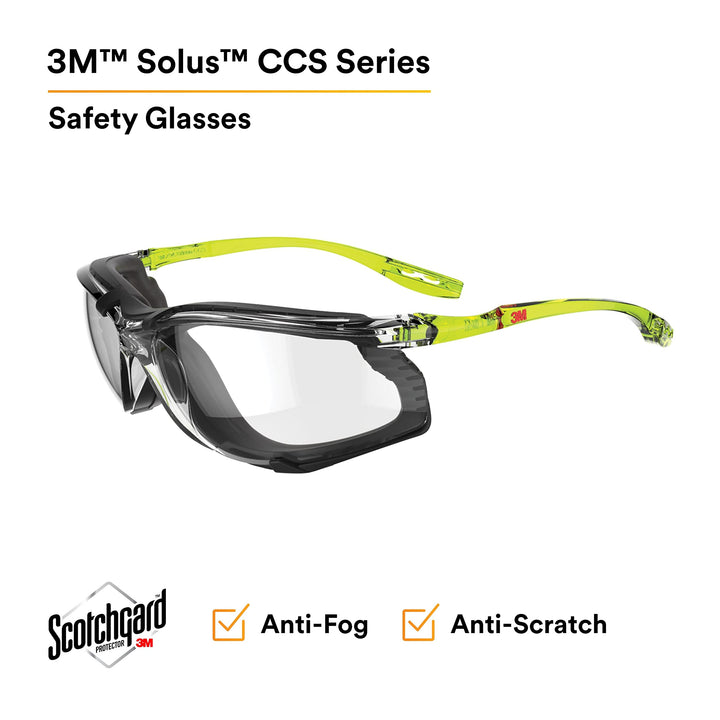 Safety Glasses, Solus CCS Series, Pack of 1, ANSI Z87, Scotchgard Anti-Fog Coating, Clear Lens, Corded Ear Plug Control System, Removable Foam Gasket, SCCS01SGAF-GRN-F