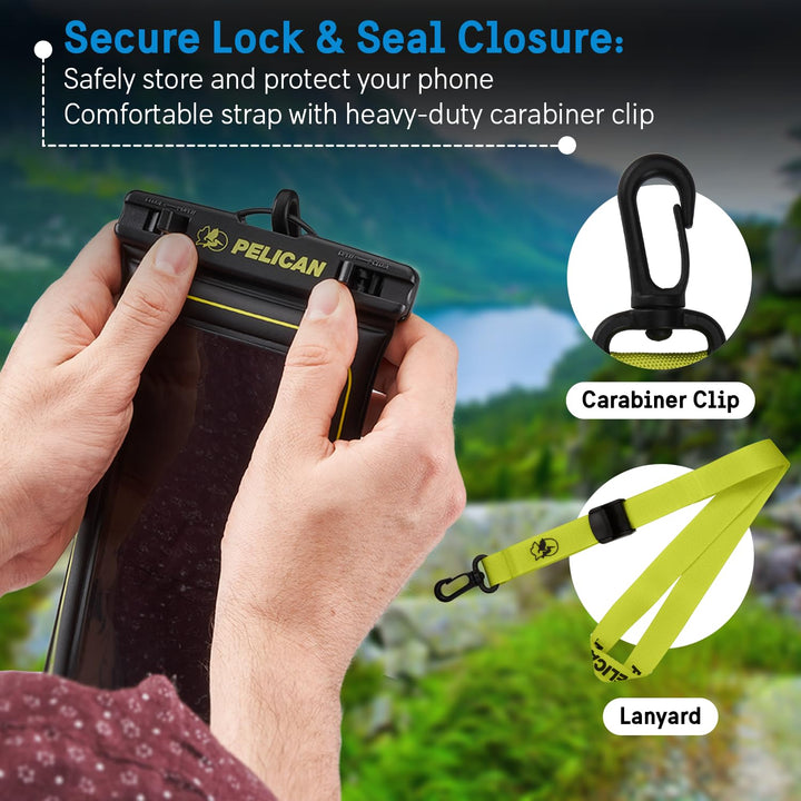 Marine - IP68 Waterproof Phone Pouch / Case (Regular Size) - Floating Waterproof Phone Case For iPhone 16 Pro Max/iPhone 15 Pro/14/13/12/S24 Ultra - Detachable Lanyard - Black/Hi-Vis Yellow