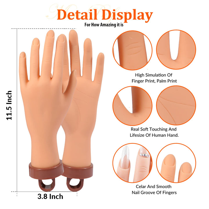 Practice Hand for Acrylic Nails, Flexible Nail Hand Practic Nail Training Fake Hand Nails Practice Mannequin Hands Manicure Hand Practice with Nails 1Pcs