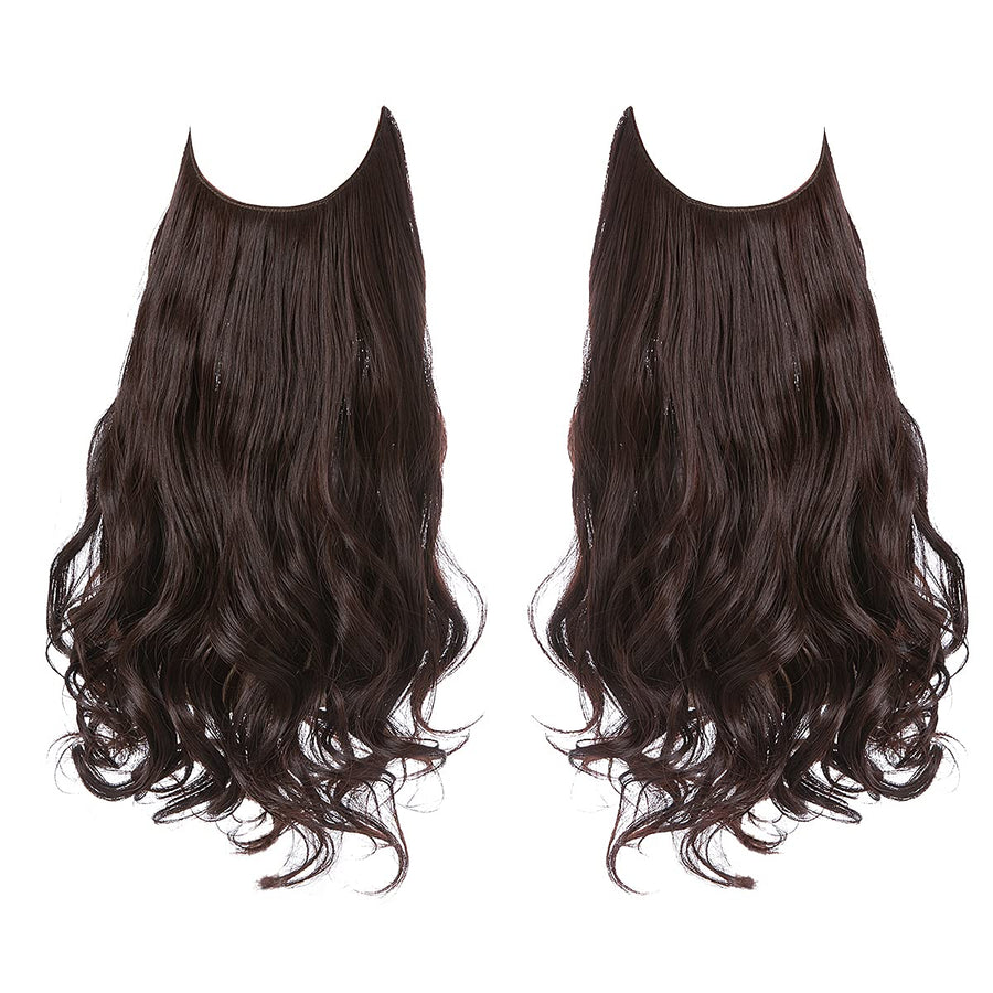 Invisible Wire Hair Extensions with 3 Clips Long Synthetic Wavy Curly Hairpiece Adjustable Transparent Headband for Women 18 Inch Chestnut Brown