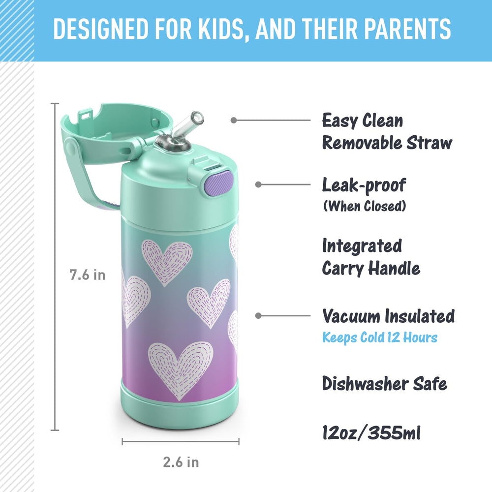 FUNTAINER Water Bottle with Straw - 12 Ounce, Purple Hearts - Kids Stainless Steel Vacuum Insulated Water Bottle with Lid