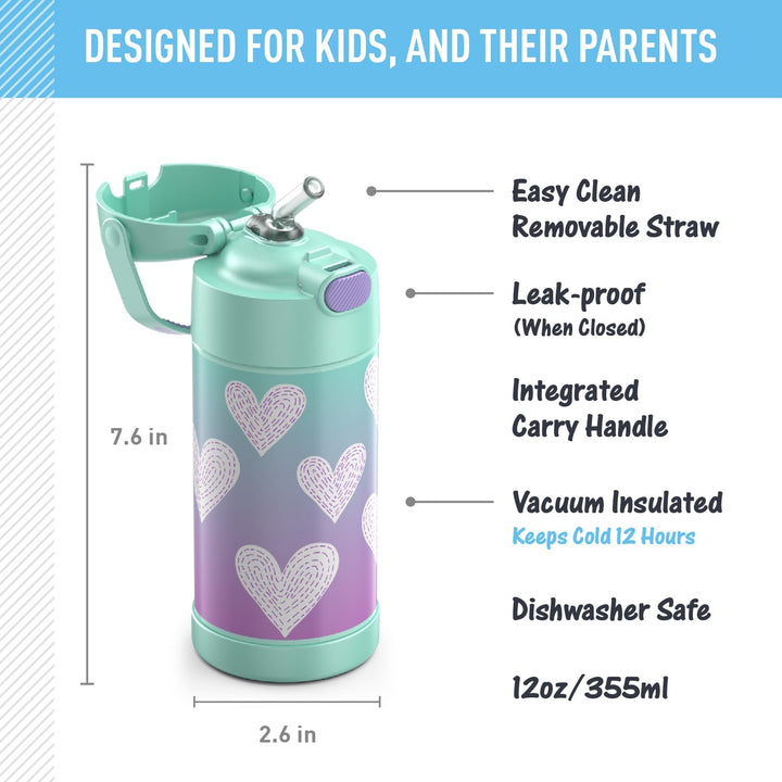 FUNTAINER Water Bottle with Straw - 12 Ounce, Purple Hearts - Kids Stainless Steel Vacuum Insulated Water Bottle with Lid