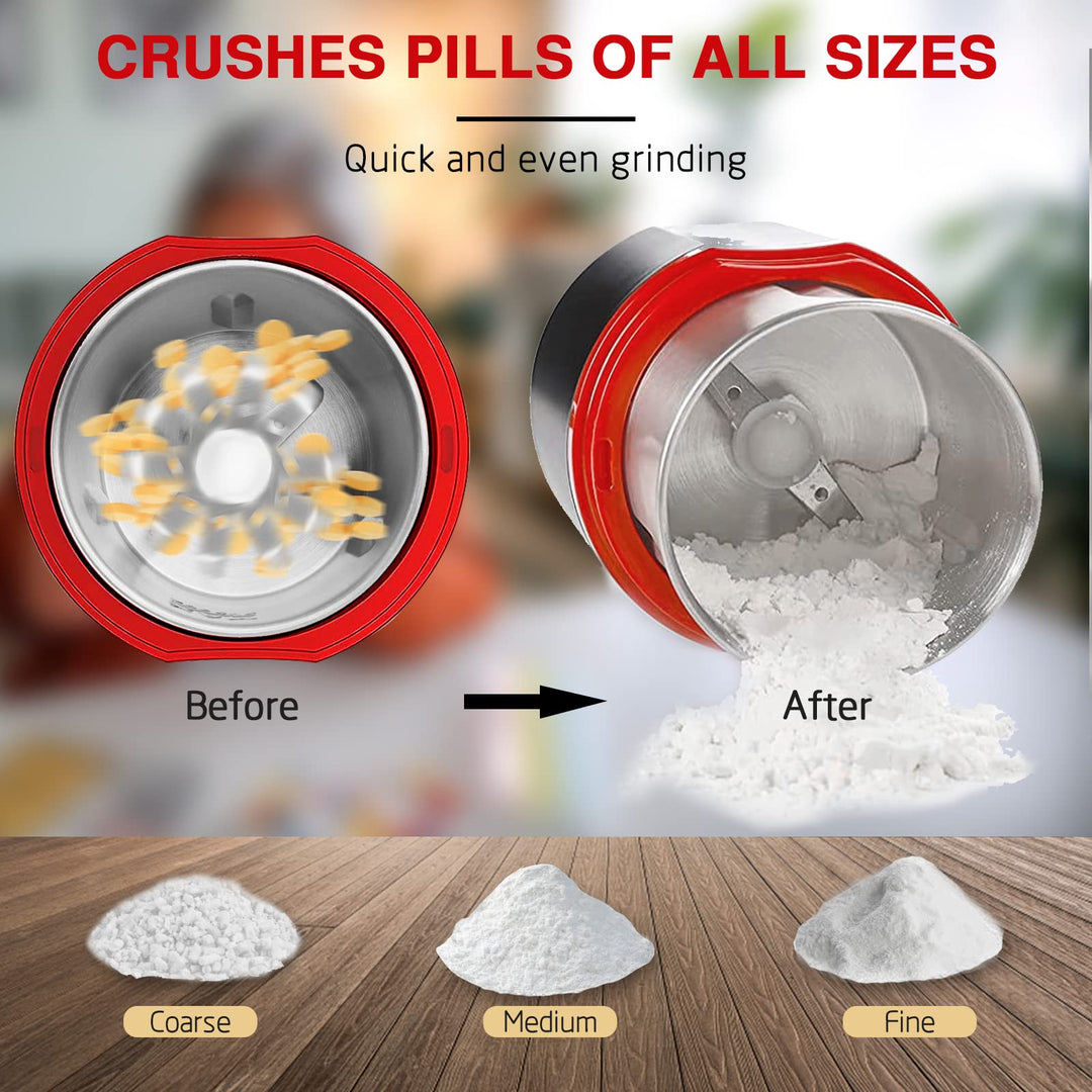 Electric Pill Crusher Grinder - Grind the Medication and Vitamin Tablets of Different Sizes into Fine Powder, Comes with Stainless Steel Blades to Crush Multiple Pills by Electric Pulverizer
