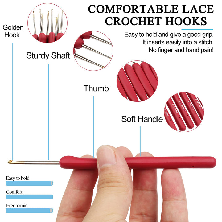 9pcs Lace Crochet Hooks Steel Crochet Needles for Crocheting, 0.5mm to 2.5mm Crochet Hook Set, Small Size Crochet Hooks Ergonomic Soft Grips for Arthritic Hands, Perfect for Lacework Fine Yarns