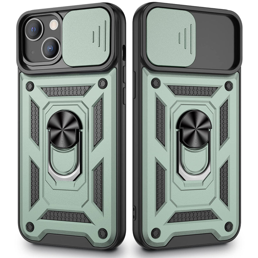 Compatible with iPhone 13 Kickstand Case, iPhone 13 Case with Slide Camera Cover, Built-in 360° Rotate Ring Stand Magnetic Cover Case for iPhone 13 6.1 inch 2021 - Green