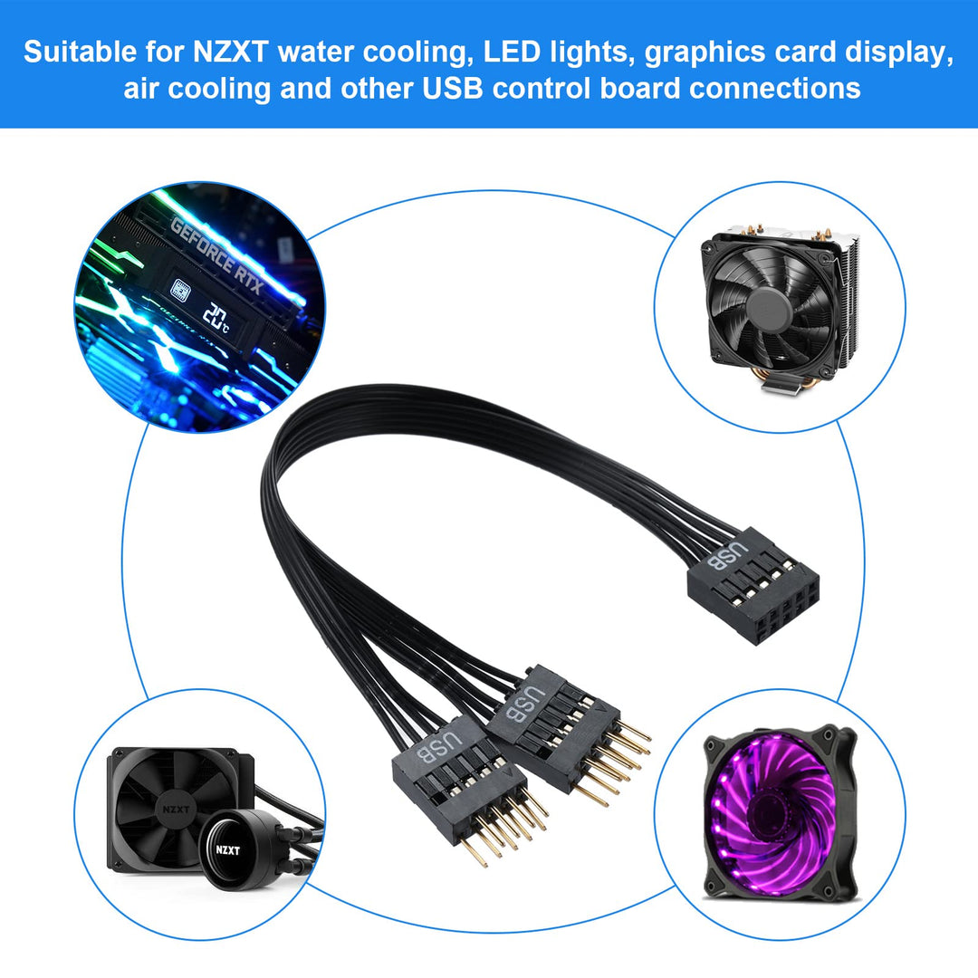 Motherboard USB Splitter, USB2.0 9-Pin USB Splitter 1-in-2, USB Motherboard Adapter 9Pin Line Expansion Cable USB Splitter for Computer Motherboards, NZXT, USB Header Splitter Length 17.6 cm.
