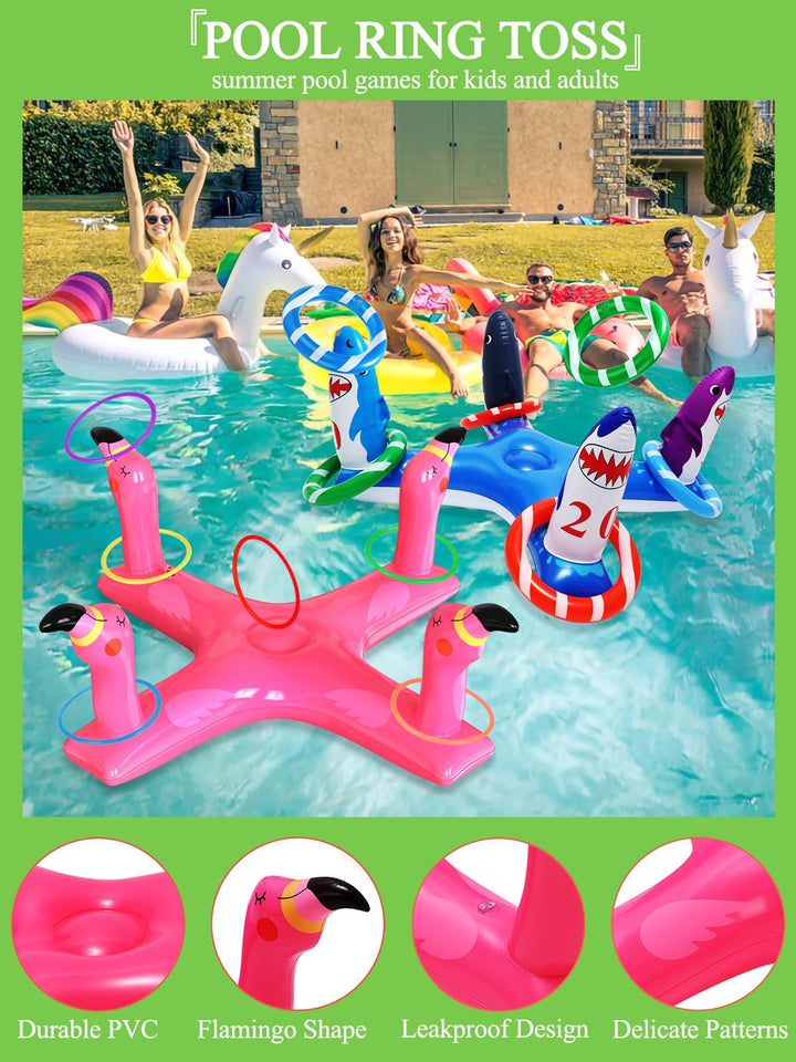 Pool Toys Inflatable Pool Ring Toss Games with 6 Rings, Flamingo Shark Pool Ring Toss Game Summer Pool Toys Party Games for Kids and Adults
