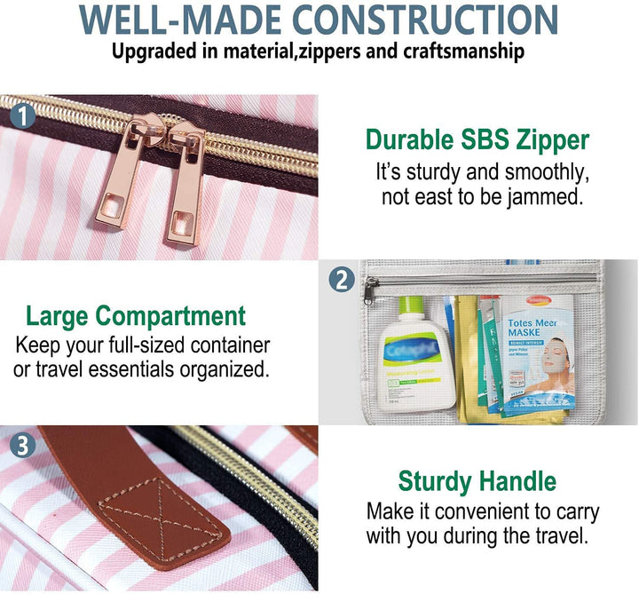 Hanging Travel Toiletry Bag with Hook | Water Proof Zip Bag with 4 Compartments + 2 Outer Zip Pockets | Cosmetic Travel Bag for Toiletries | Travel Essentials for Women & Men (Pink Stripe)