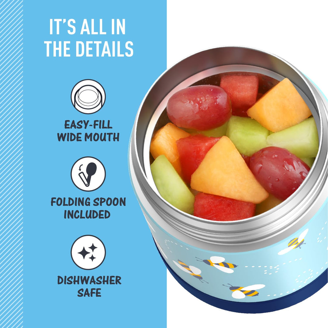 FUNTAINER 10 Ounce Stainless Steel Vacuum Insulated Kids Food Jar with Spoon, Honey Bees