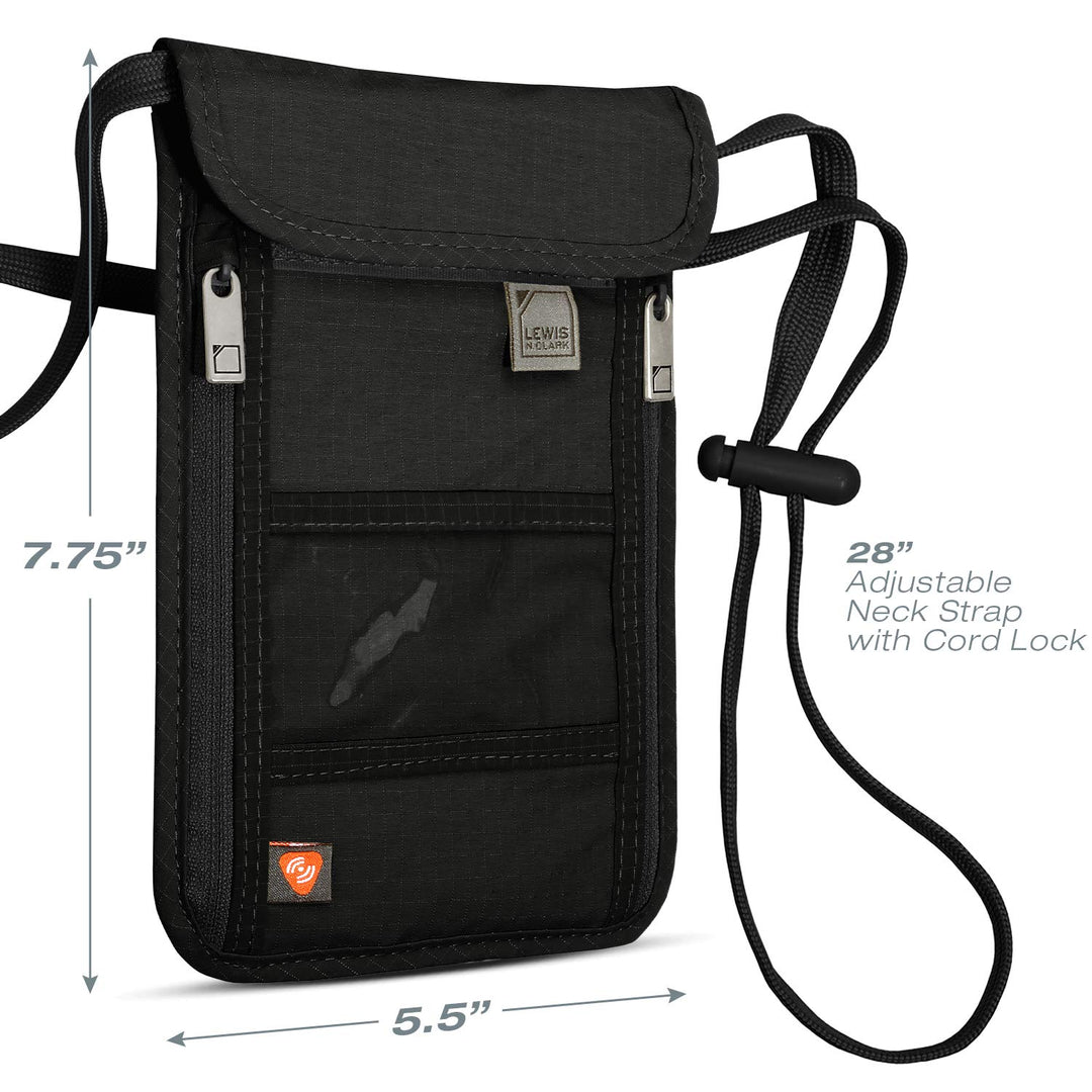 RFID Blocking Stash Neck Wallet, Travel Pouch + Passport Holder for Women & Men, Black, One Size