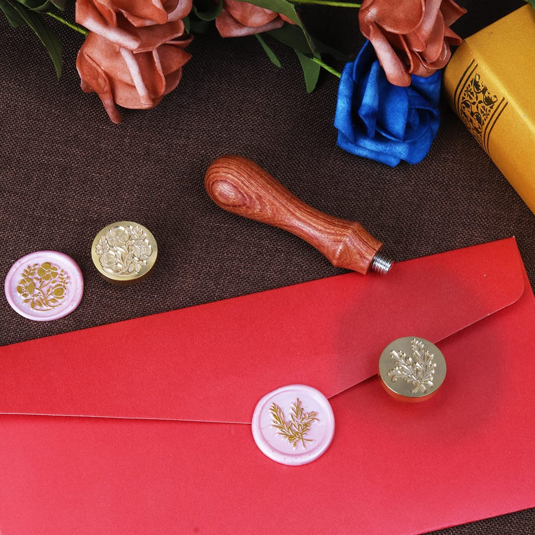 Wax Seal Stamp Kit, 7pcs Floral Rosemary Cherry Blossoms Wreath Fern Wax Seal Stamp Kit Copper Seals + 1pcs Wooden Hilt, Retro Flower Sealing Stamp Set for Wedding Envelopes Invitation (F04)
