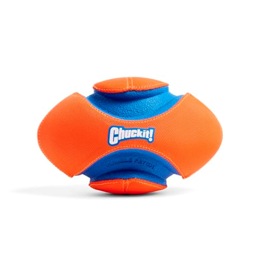 Fumble Fetch Dog Football - Outdoor and Indoor Interactive Dog Toy with Grooved Design for Easy Pickup - Made from Durable Rubber - Floats in Water - Small - Orange and Blue