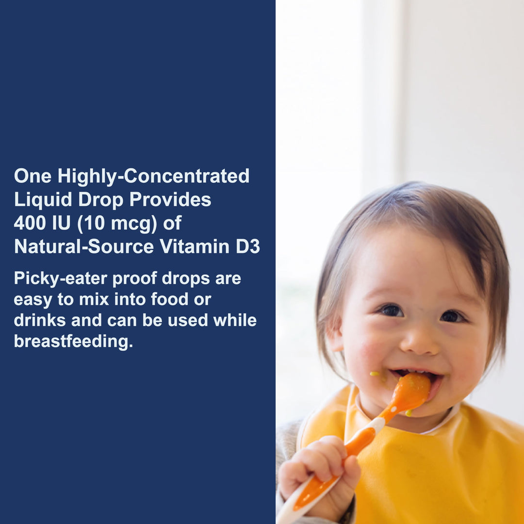 - Baby's Super Daily D3, Baby Vitamin D Drops, 400 IU (10 mcg) per Drop, 1-Year Supply, Vegetarian, Liquid Vitamin D for Infants and Toddlers, Unflavored, 365 Drops