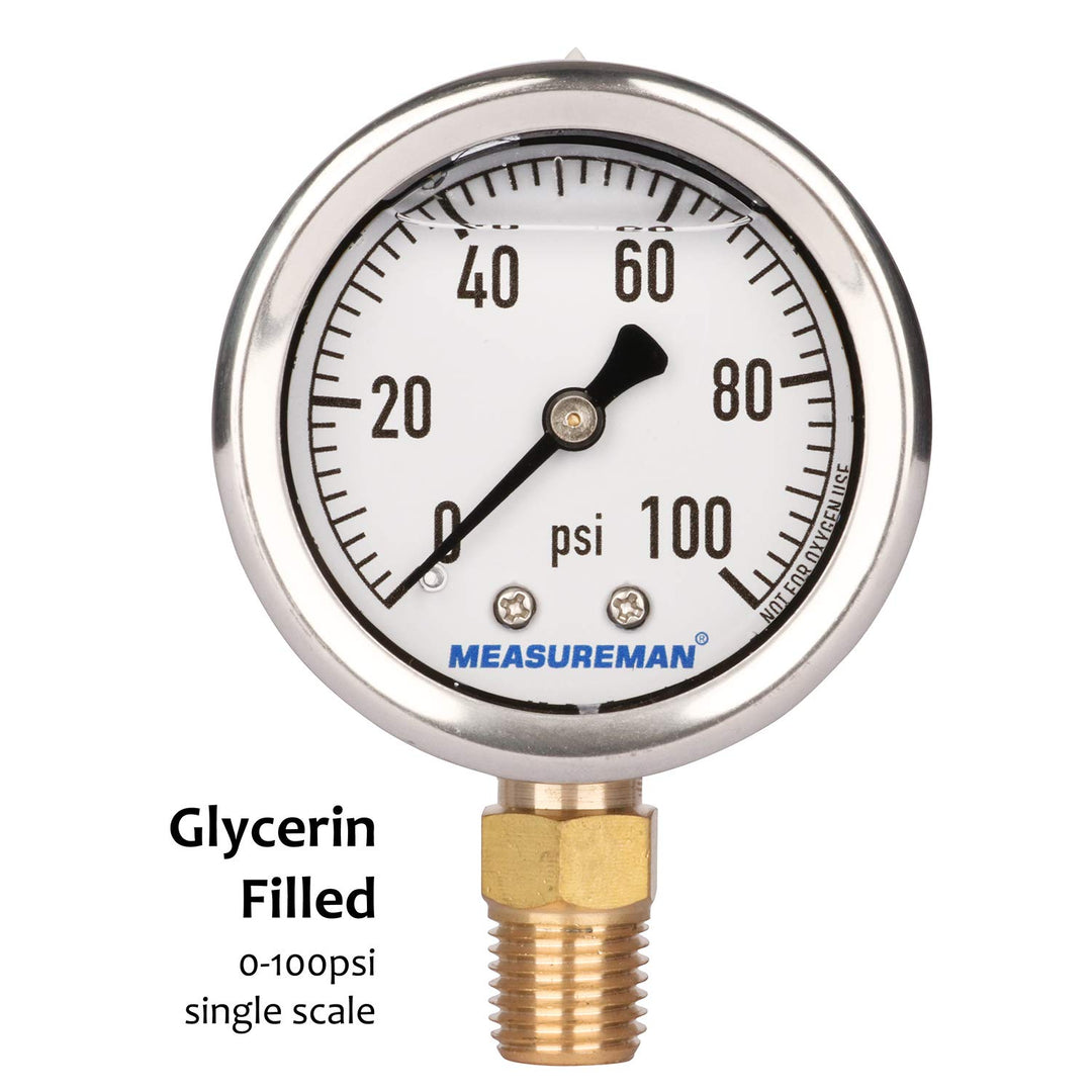 2 Dial Size, Glycerin Filled Plumbing Pressure Gauge, 0-100psi, Black Steel Case, 1/4 NPT Lower Mount
