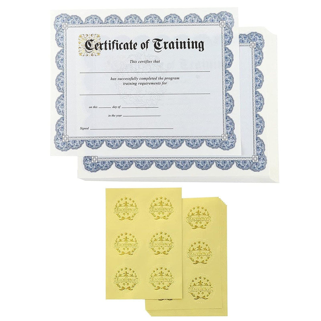 Certificate of Training with Blue Border, Gold Foil Seals (8.5x11 In, 48 Sheets)