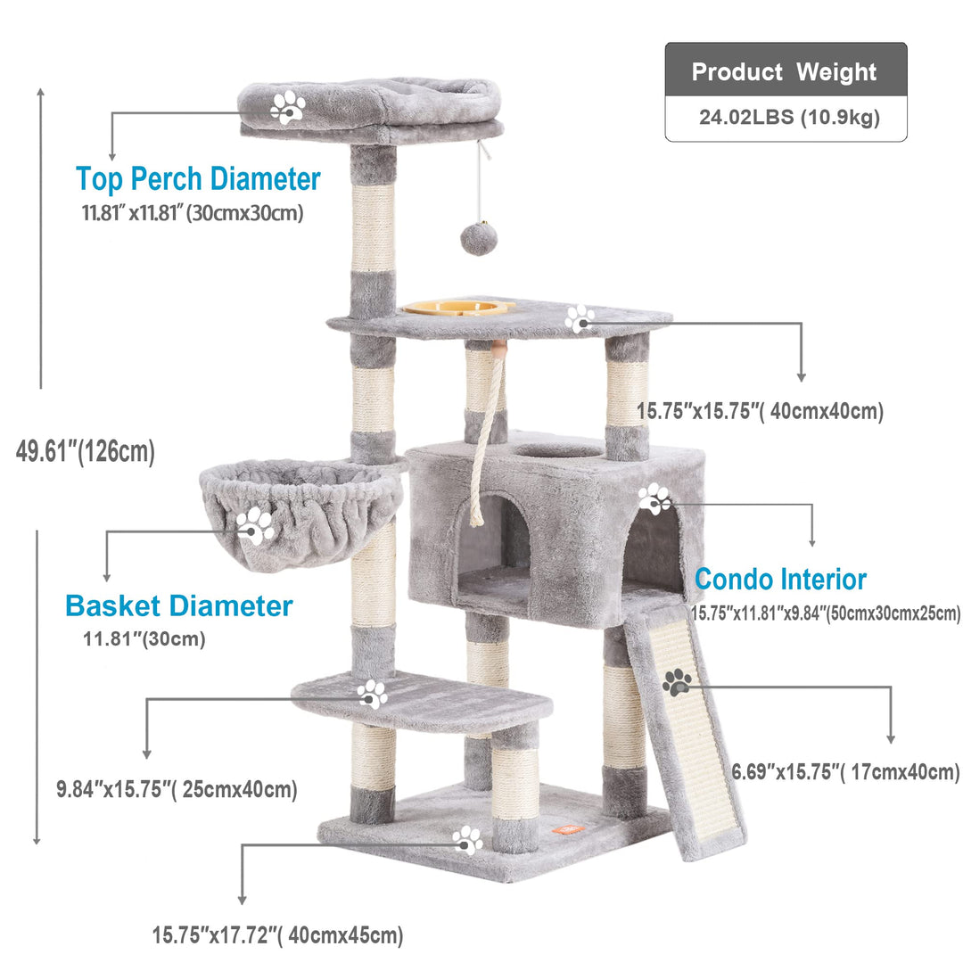 Cat Tree, Cat Tower for Indoor Cats with Scratching Board, Multi-Level Cat Furniture Condo with Feeding BowlLight Gray HCT010W
