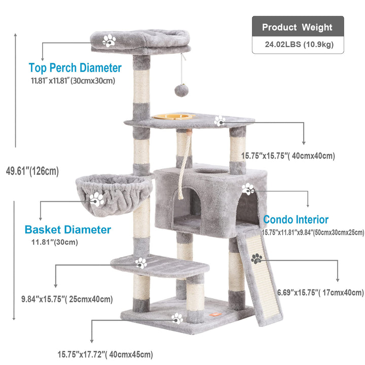 Cat Tree, Cat Tower for Indoor Cats with Scratching Board, Multi-Level Cat Furniture Condo with Feeding BowlLight Gray HCT010W