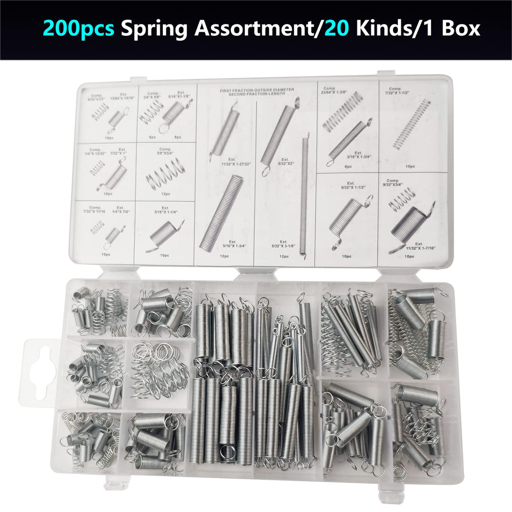 Compression & Extension Spring 200pcs Assortment Set,Metal Steel Coil Tension Springs Replacement 20 Kinds Kit 1 Box Pack