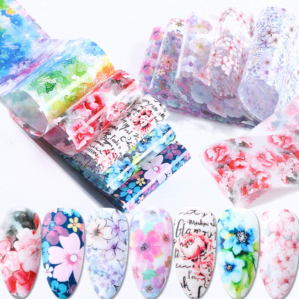Flower Nail Art Foil Transfer Stickers 10 Rolls Flowers Floral Starry Sky Star Foil Adhesive Stickers Flower Nail Decals Manicure Tips Nail Art Supplies for Women Acrylic Nails Decorations Decor Set