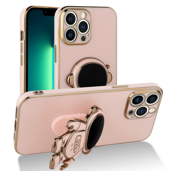 6D Plating Astronaut Hidden Stand Case Cover for iPhone 13 Pro Max Women Astronaut Folding Bracket Kickstand iPhone Case with Camera Protector Soft TPU Shockproof Bumper 6.7 Inch - Pink
