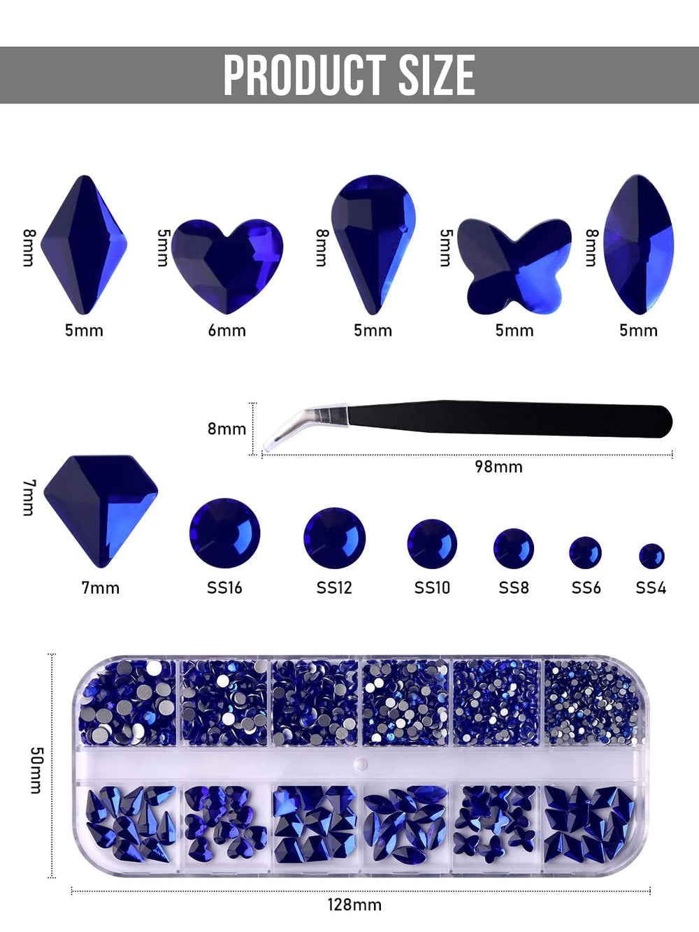 Dark Blue Nail Rhinestones Hearts Butterfly Shaped Nail Art Crystals Diamonds Flat Back Rhinestones Diamond Nail Gems with Tweezers