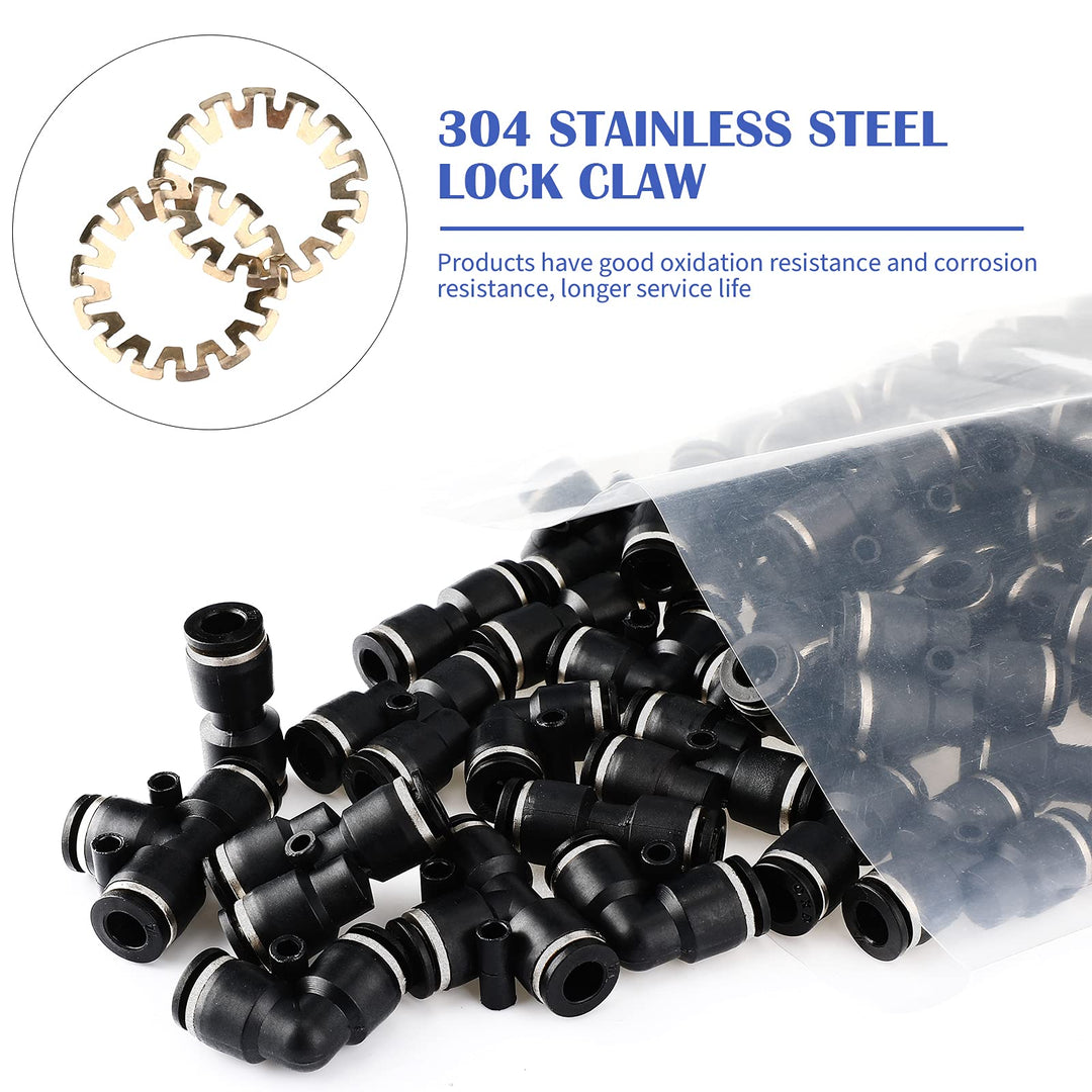 Push to Connect Fittings Air Line Pneumatic Fittings Kit 60 Pieces Quick Release Pneumatic Connectors 15 Splitters 15 Elbows 15 Tee 15 Straight Tubes (Black,1/4 Inch Od)