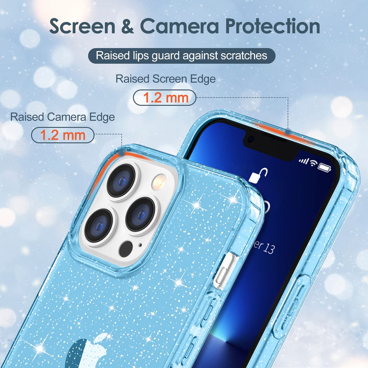 Case for iPhone 13 Pro Max Case Glitter, Cute Sparkly Clear Glitter Shiny Bling Sparkle Cover, Anti-Scratch Hard PC Slim Fit Shockproof Protective Phone Cases for Women Girls, Blue Glitter