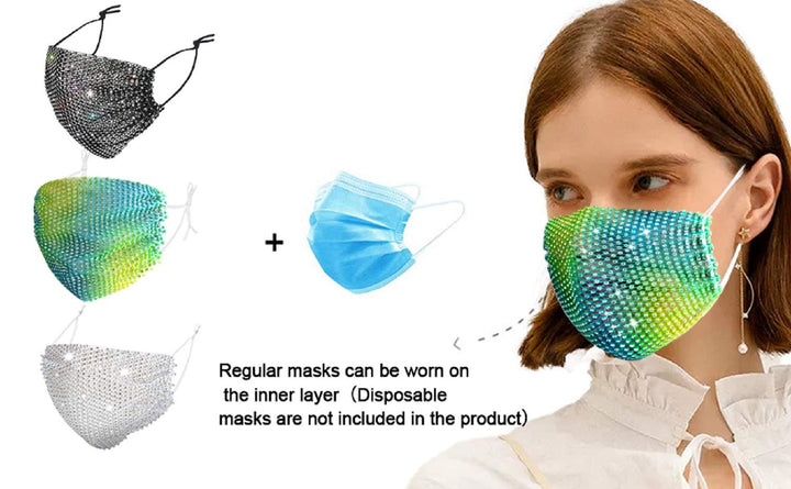 Sparkly Face Mask for Women Girls, Mesh Glitter Rhinestone Face Mask, Bling Bling Mask Diamond Mask Crystal Masquerade Face Cover for Party Nightclub (6pcs)