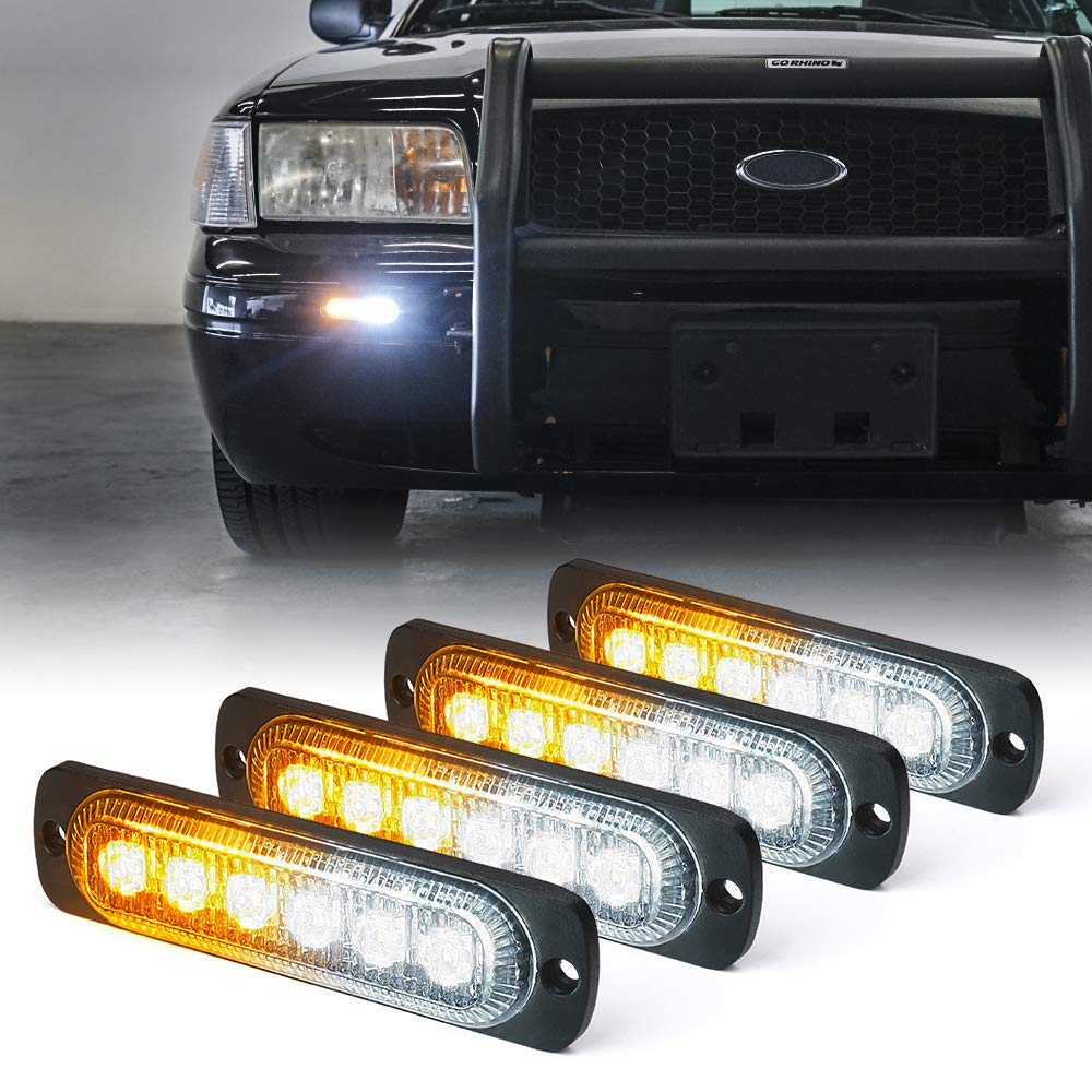 4pcs LED Emergency Strobe Lights,Amber White 6- LED Surface Mount Flashing Strobe Lights, Sync Feature Ultra Slim Grill Lights for Off-Road Vehicles ATV SUV Trucks Cars