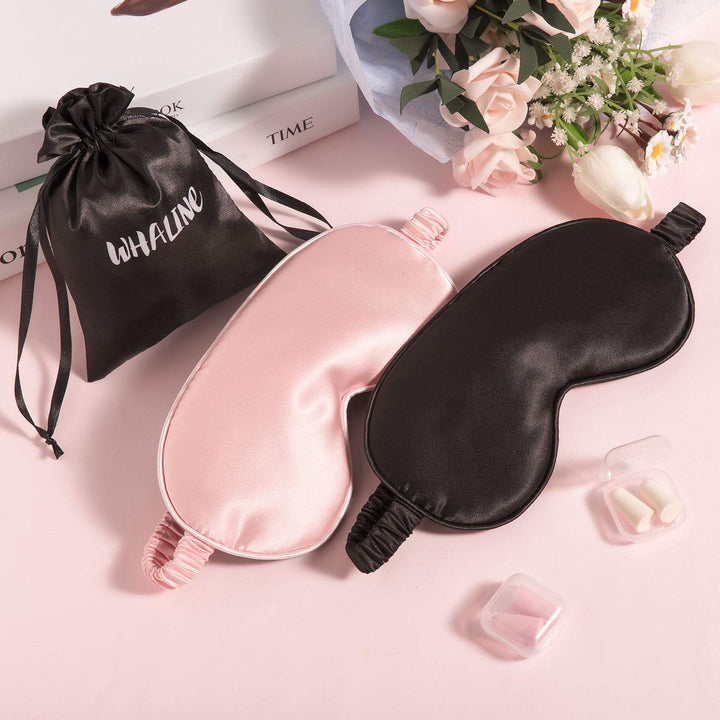 2 Pcs Silk Sleep Eye Cover with Ear Plugs and Elastic Strap, Soft and Smooth Eye Cover for Men & Women Night Sleeping, Travel, Nap (Pink & Black)
